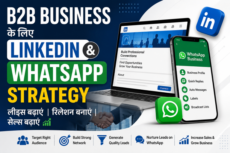 B2B Business के लिए LinkedIn और WhatsApp Strategy दिखाता हुआ प्रोफेशनल डिजिटल मार्केटिंग ग्राफिक, जिसमें LinkedIn, WhatsApp Business, Lead Generation और Sales Growth की रणनीति दर्शाई गई है।