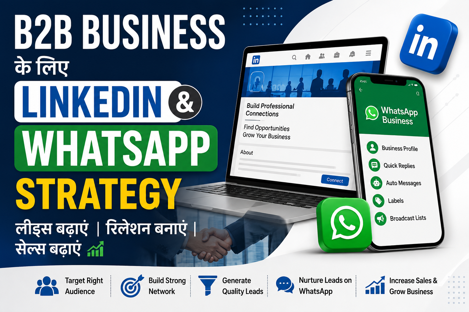 B2B Business के लिए LinkedIn और WhatsApp Strategy दिखाता हुआ प्रोफेशनल डिजिटल मार्केटिंग ग्राफिक, जिसमें LinkedIn, WhatsApp Business, Lead Generation और Sales Growth की रणनीति दर्शाई गई है।