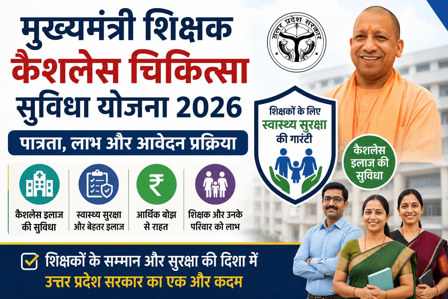 मुख्यमंत्री शिक्षक कैशलेस चिकित्सा सुविधा योजना 2026 की जानकारी दर्शाती Featured Image, जिसमें पात्रता, लाभ, कैशलेस इलाज और आवेदन प्रक्रिया को दर्शाया गया है।