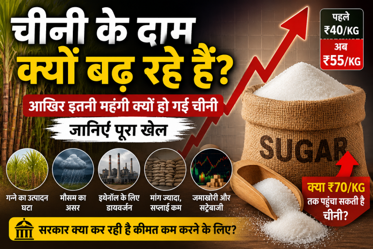 भारत में चीनी के बढ़ते दाम और Sugar Price Hike की वजहों को दर्शाती Featured Image