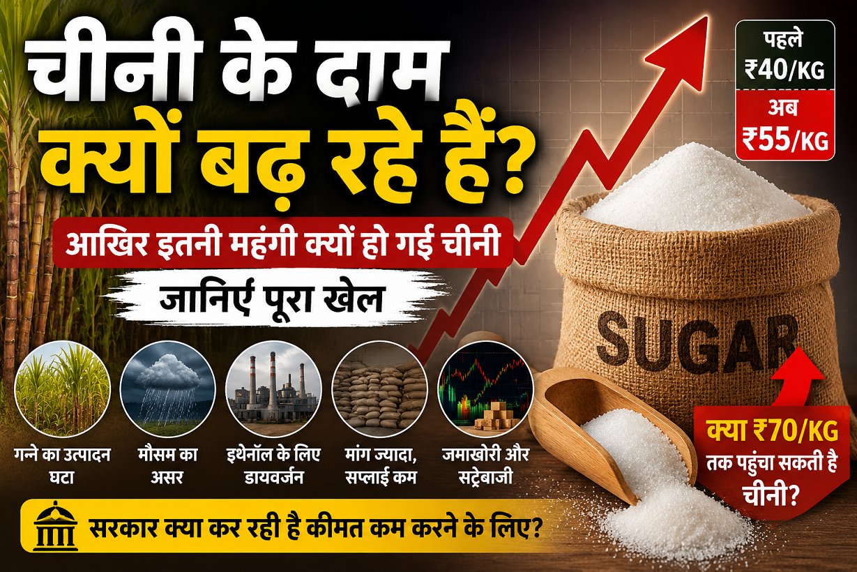 भारत में चीनी के बढ़ते दाम और Sugar Price Hike की वजहों को दर्शाती Featured Image