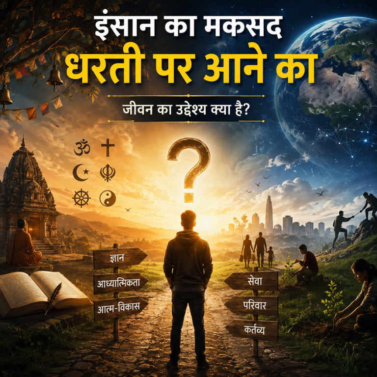 जीवन के उद्देश्य पर विचार करता हुआ एक व्यक्ति, जिसके सामने धरती, आध्यात्मिकता और मानव जीवन का प्रतीकात्मक दृश्य दिखाई दे रहा है।
