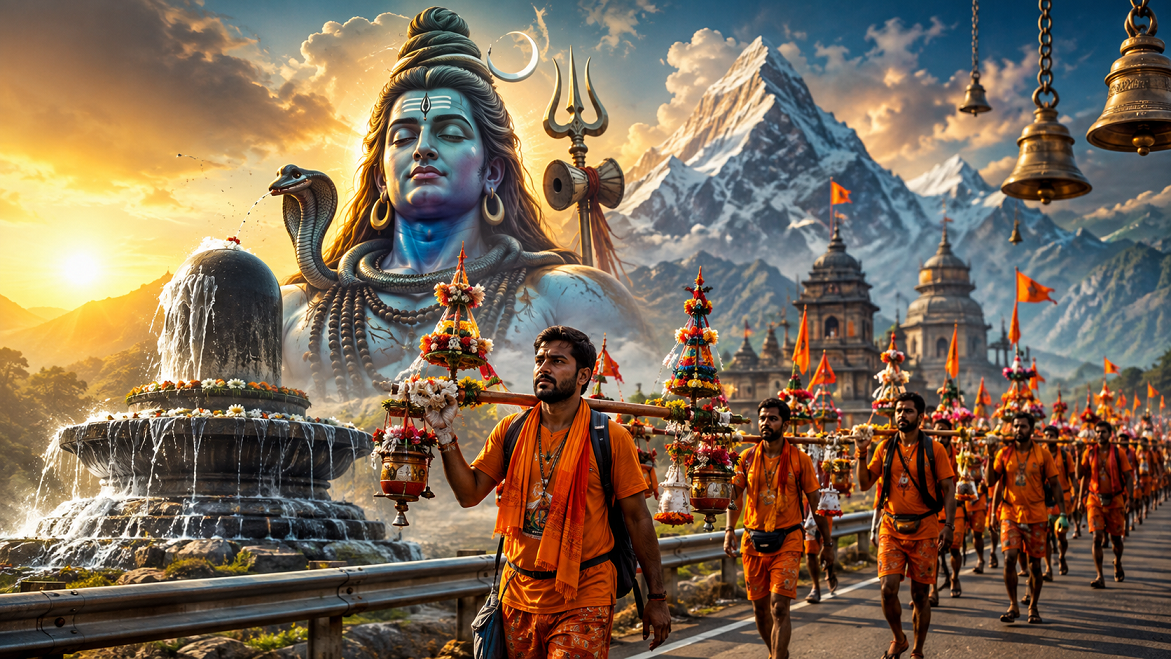 सावन में गंगाजल की कांवड़ लेकर भगवान शिव के मंदिर की ओर जाते कांवड़िए, शिवलिंग का जलाभिषेक और पृष्ठभूमि में भगवान शिव का दिव्य स्वरूप।