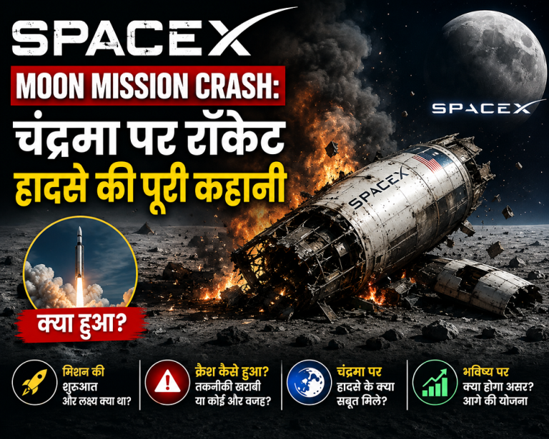SpaceX Moon Mission Crash को दर्शाती फीचर्ड इमेज, जिसमें चंद्रमा की सतह पर दुर्घटनाग्रस्त रॉकेट, आग, मलबा और स्पेस मिशन का दृश्य दिखाया गया है।